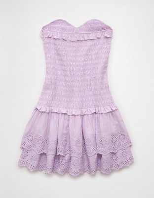 AE Strapless Smocked Ruffle Drop Waist Mini Dress