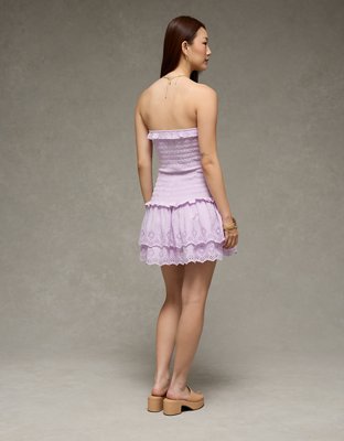 AE Strapless Smocked Ruffle Drop Waist Mini Dress