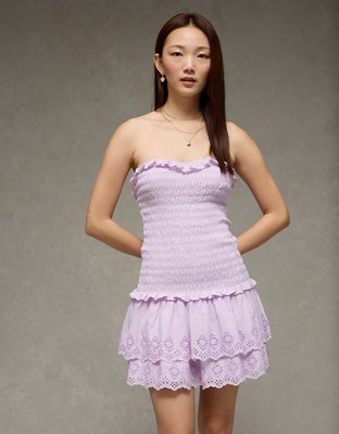 AE Strapless Smocked Ruffle Drop Waist Mini Dress