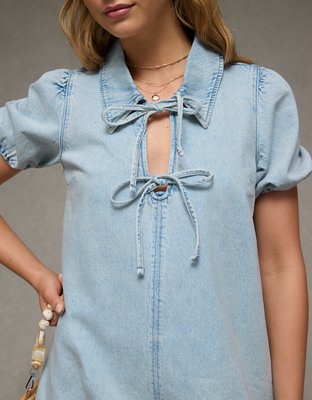 Minirobe en denim noué à l’avant manches bouffantes et col AE
