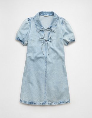 AE Collared Puff Sleeve Tie Front Denim Mini Dress