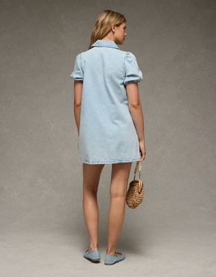 AE Collared Puff Sleeve Tie Front Denim Mini Dress