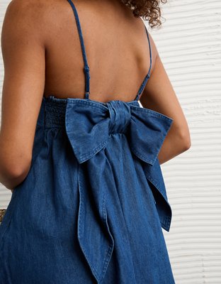 【新品】ADORABLE BACK RIBBON DENIM DRESS AE Denim Bow Back Babydoll Mini Dress | AE