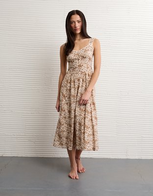 AE V-Neck Lace Inset Hanky Hem Midi Dress | American Eagle