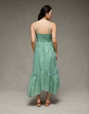 AE V-Neck Lace Inset Hanky Hem Midi Dress