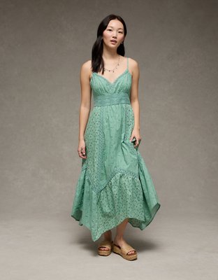 AE V-Neck Lace Inset Hanky Hem Midi Dress