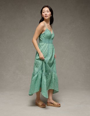 AE V-Neck Lace Inset Hanky Hem Midi Dress