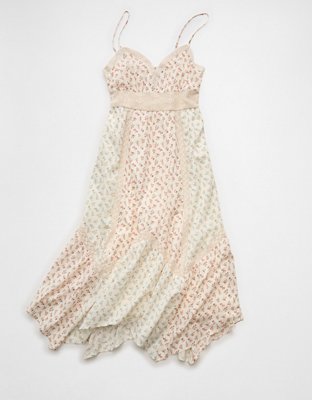 AE V-Neck Lace Inset Hanky Hem Midi Dress