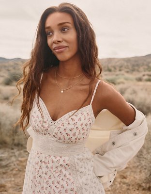 AE V-Neck Lace Inset Hanky Hem Midi Dress | American Eagle