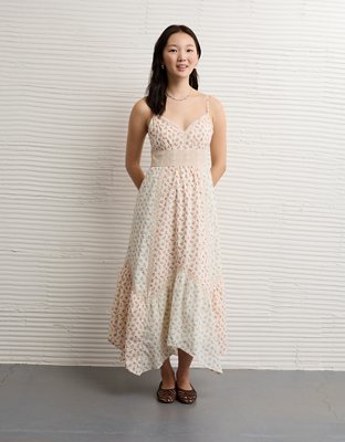 AE V-Neck Lace Inset Hanky Hem Midi Dress