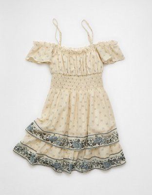 American Eagle Off-The-Shoulder Smocked Mini Dress for Women in Tan, Size XXL  100% Cotton Summer Short Dress