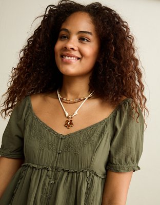 AE Babydoll Puff-Sleeve Embroidered Mini Dress