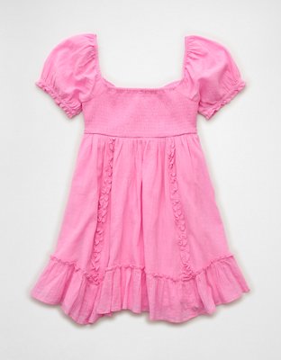 AE Babydoll Puff-Sleeve Embroidered Mini Dress | American Eagle