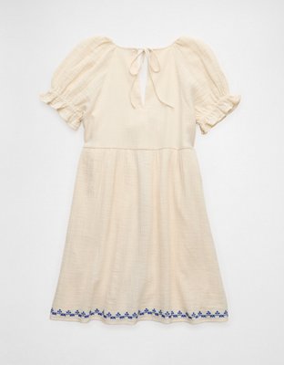 AE Embroidered Puff-Sleeve Babydoll Mini Dress
