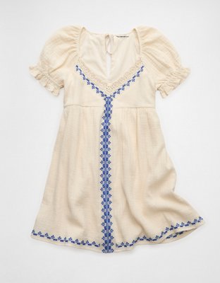 AE Embroidered Puff-Sleeve Babydoll Mini Dress
