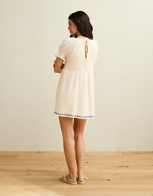 AE Embroidered Puff-Sleeve Babydoll Mini Dress