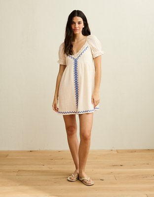 AE Embroidered Puff-Sleeve Babydoll Mini Dress