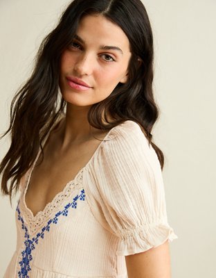 AE Embroidered Puff-Sleeve Babydoll Mini Dress