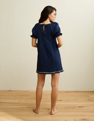 AE Embroidered Puff-Sleeve Babydoll Mini Dress
