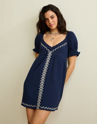 AE Embroidered Puff-Sleeve Babydoll Mini Dress