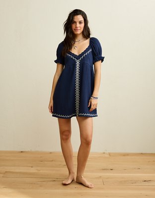 AE Embroidered Puff-Sleeve Babydoll Mini Dress