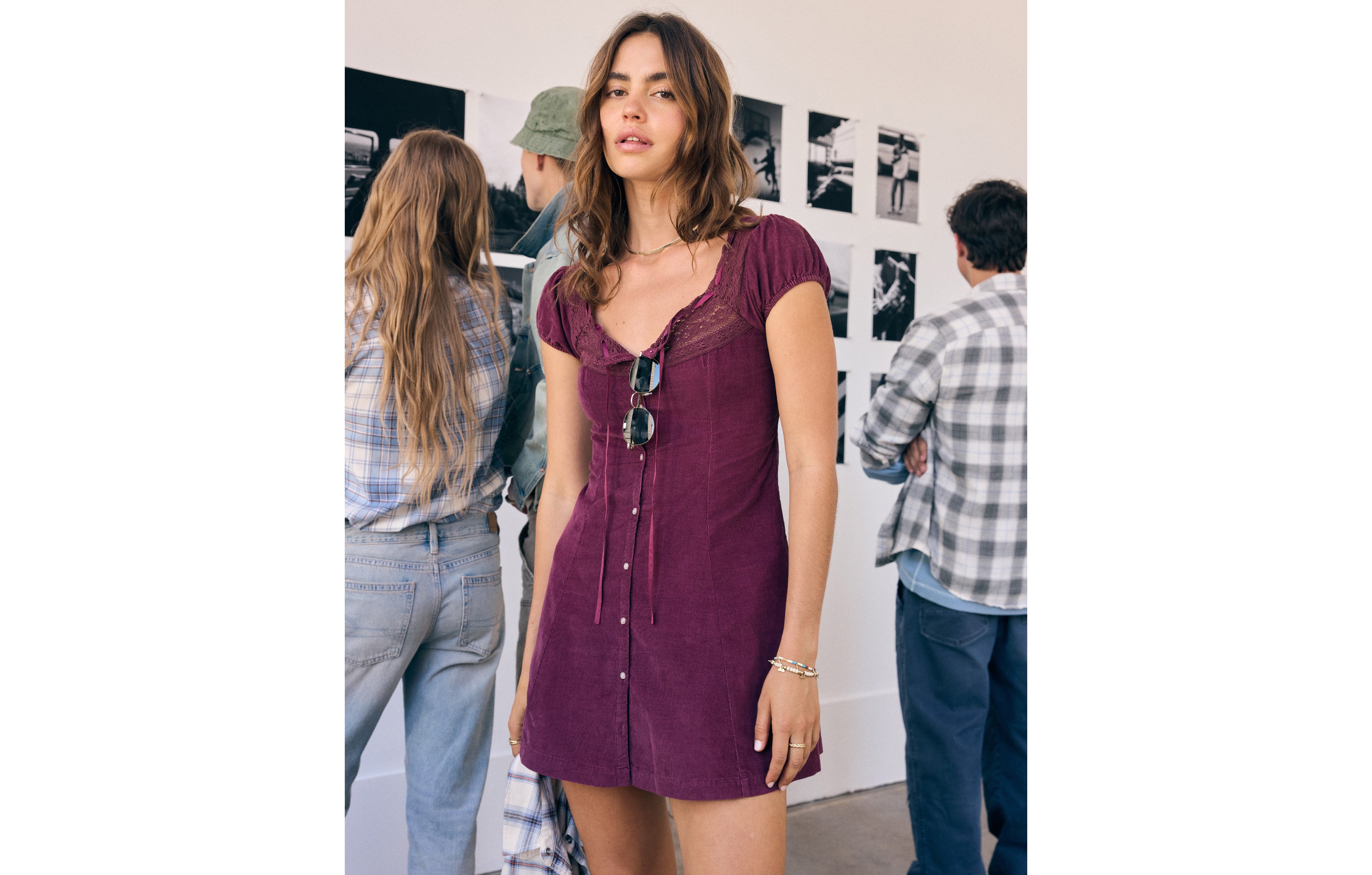 AE Corduroy Tie-Front Lace Mini Dress