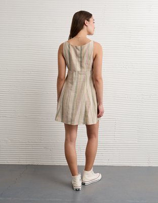 AE Button-Up Linen-Blend Mini Dress in Yellow  Sleeveless V-Neck Tie Front Summer Dress, Womens XS