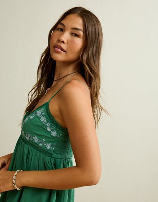 american eagle green babydoll dress AE Plaid Smocked Puff-Sleeve Babydoll Dress