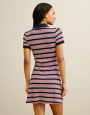 slim fit dress slacks Blue piqué mini dress with a flared neckline