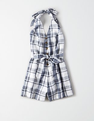 AE Plaid Button Front Romper