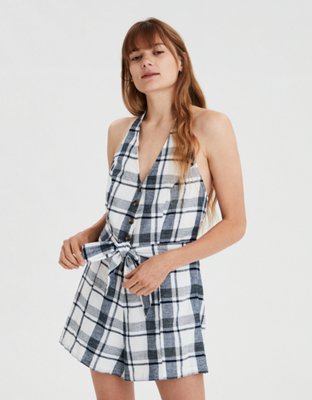 AE Plaid Button Front Romper