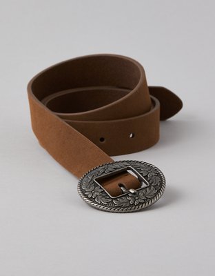 Leather belt with round buckle - Brown