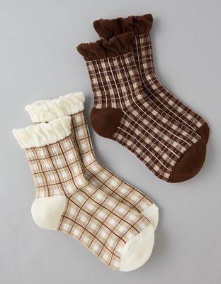 AE Plaid Ruffle Cropped Crew Socks 2-Pack