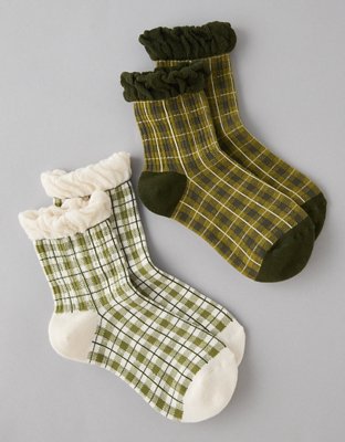 AE Plaid Ruffle Cropped Crew Socks 2-Pack