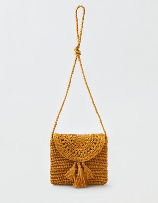 AEO Paper Straw Crossbody Bag, Mustard American Eagle Outfitters