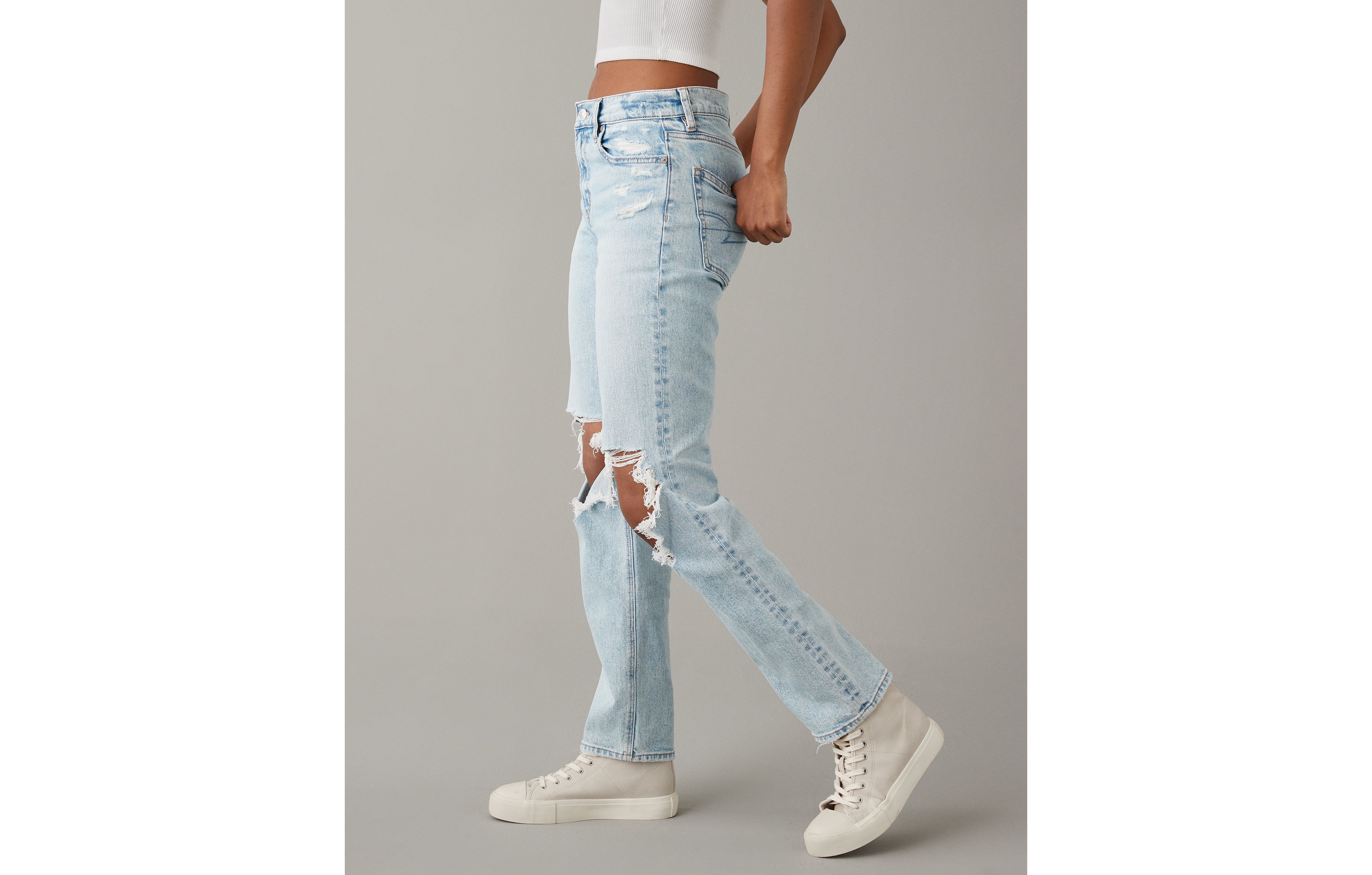 AE Stretch Super High-Waisted Ripped Ankle Straight Jean
