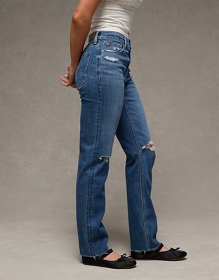 Jean droit ample à taille très haute déchiré extensible AE