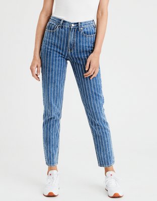 blue and white striped mom jeans