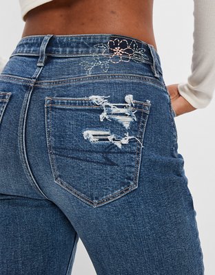 Buy American Eagle Women Black Ripped Mom Jeans online