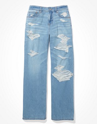 American Eagle Ripped Low-Rise Baggy Straight Jean In Bright Blue