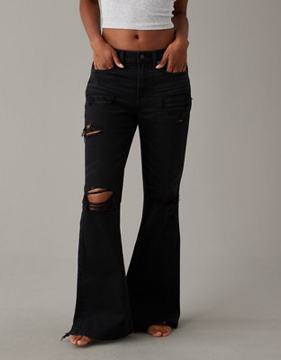 BLACK RIPPED FLARE JEANS