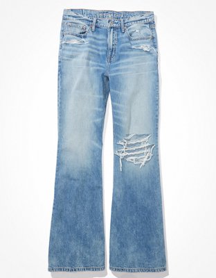 Flared Low Fitting Denim Pants for Women / Distressed Ripped Boho