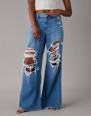 Distressed Denim Pants for Women's High Waist Wide Leg Ankle Jeans