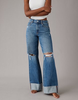 Posijego Womens Wide Legs Jeans Ripped High Waisted Pull On Denim Pants  Baggy Straight Jeans with Pockets