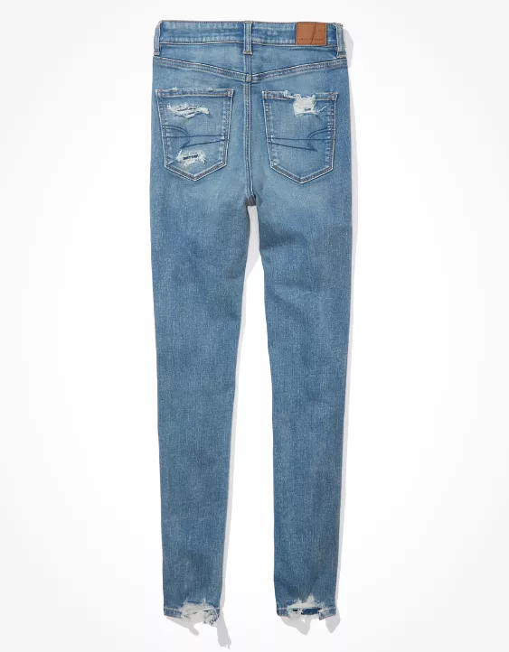 American Eagle Hi Rise Jegging Jeans Medium Wash Next Level Stretch Ripped Super Destroy Regular Inseam 29 Inches