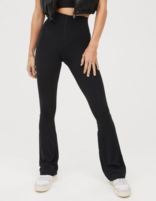 Jules Ribbed Modal Mid-Rise Foldover Flared Trousers in Black