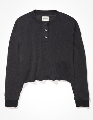 AE Fleece Cropped Henley Neck Sweatshirt | American Eagle