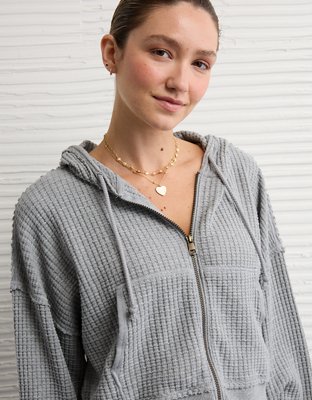 AE Cropped Waffle Zip-Up Hoodie