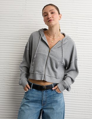 AE Cropped Waffle Zip-Up Hoodie