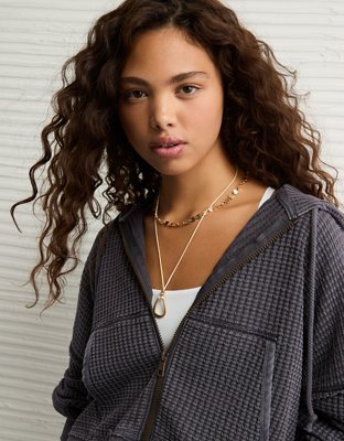 AE Cropped Waffle Zip-Up Hoodie